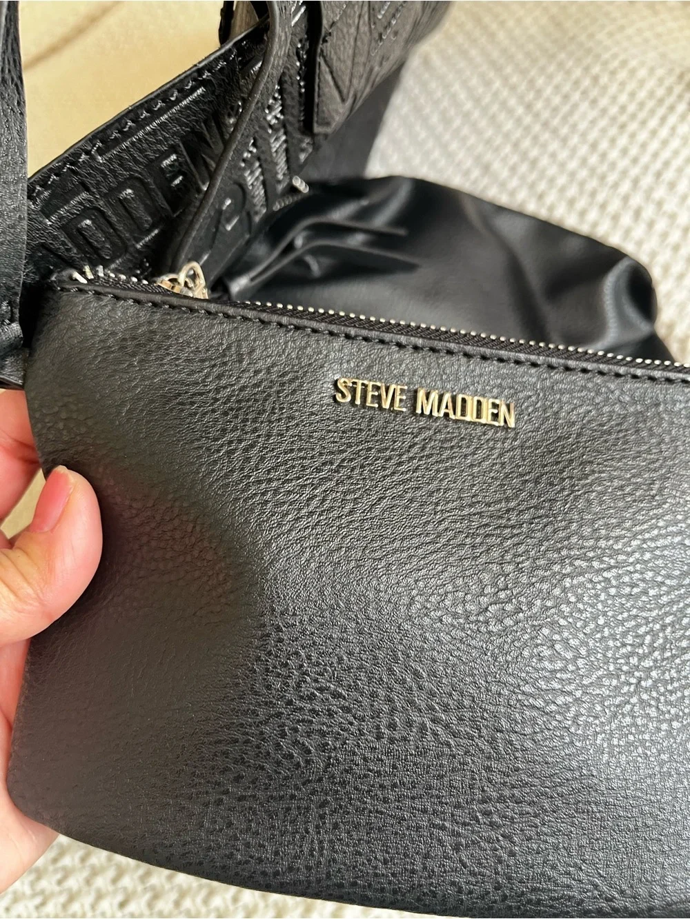 NWT Steve Madden Black Embossed Tote with Makeup bag & Coin Purse Travel Vacay